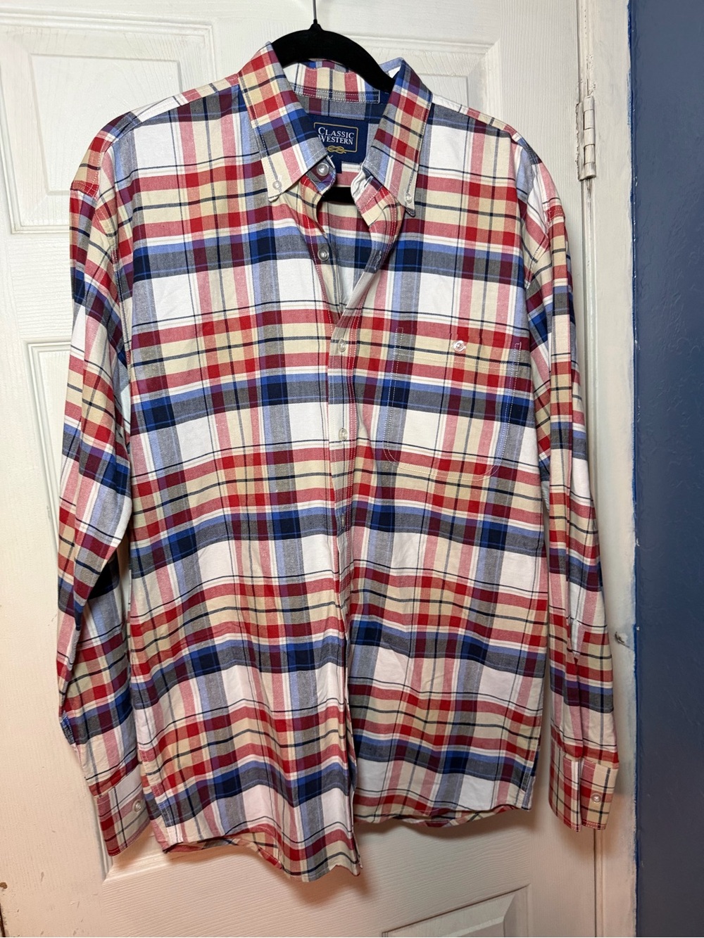 Classic Men's Red, Blue & Cream Plaid Button-Down Shirt